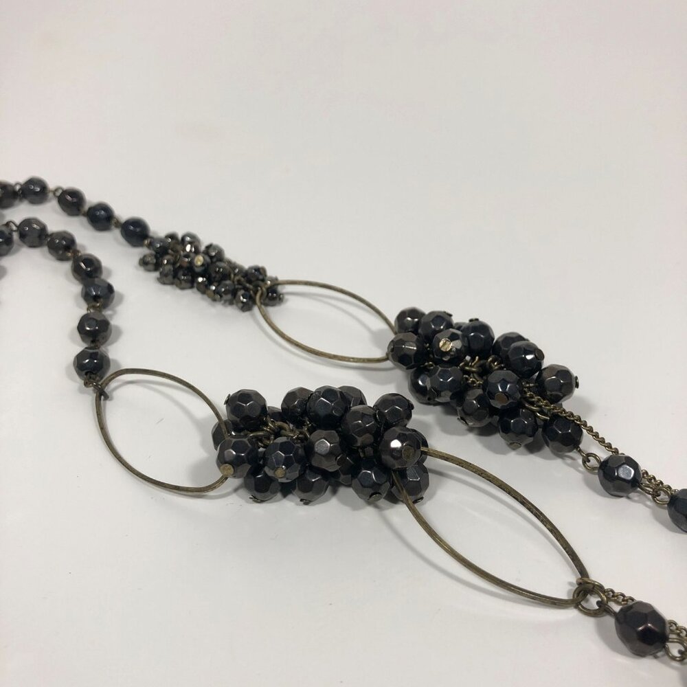 Black Faceted Bead Cluster Statement Necklace Long Antique Gold Tone 38 inch